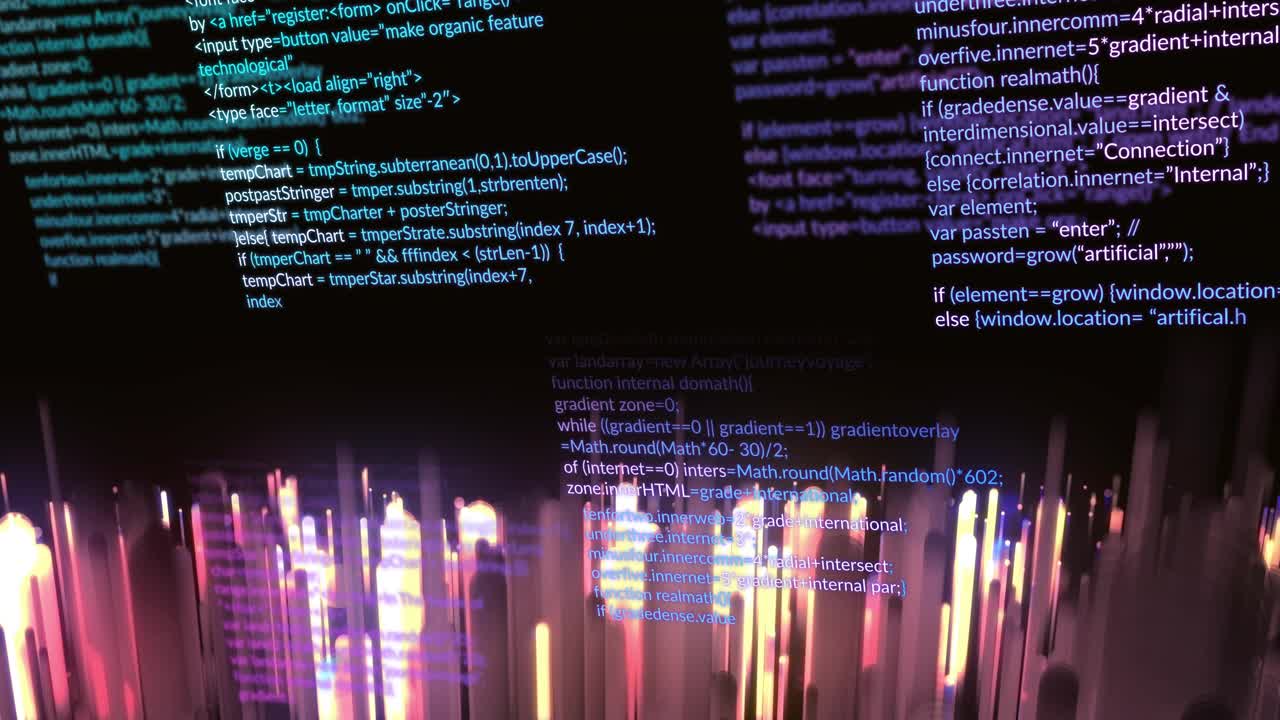 On data input glowing pillars pulsing and shifting while code text changing clarity to show data
