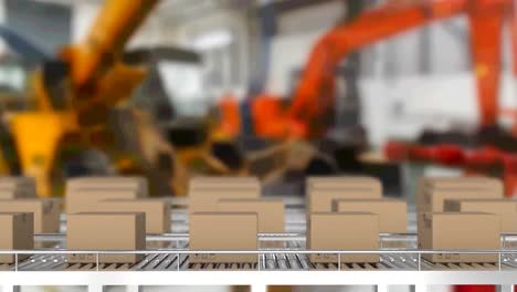 Animation-of-cardboard-boxes-moving-on-conveyor-belts-in-warehouse