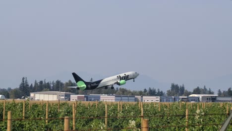 slow motion of a flair airlines boeing 737 taking off, sunny day track