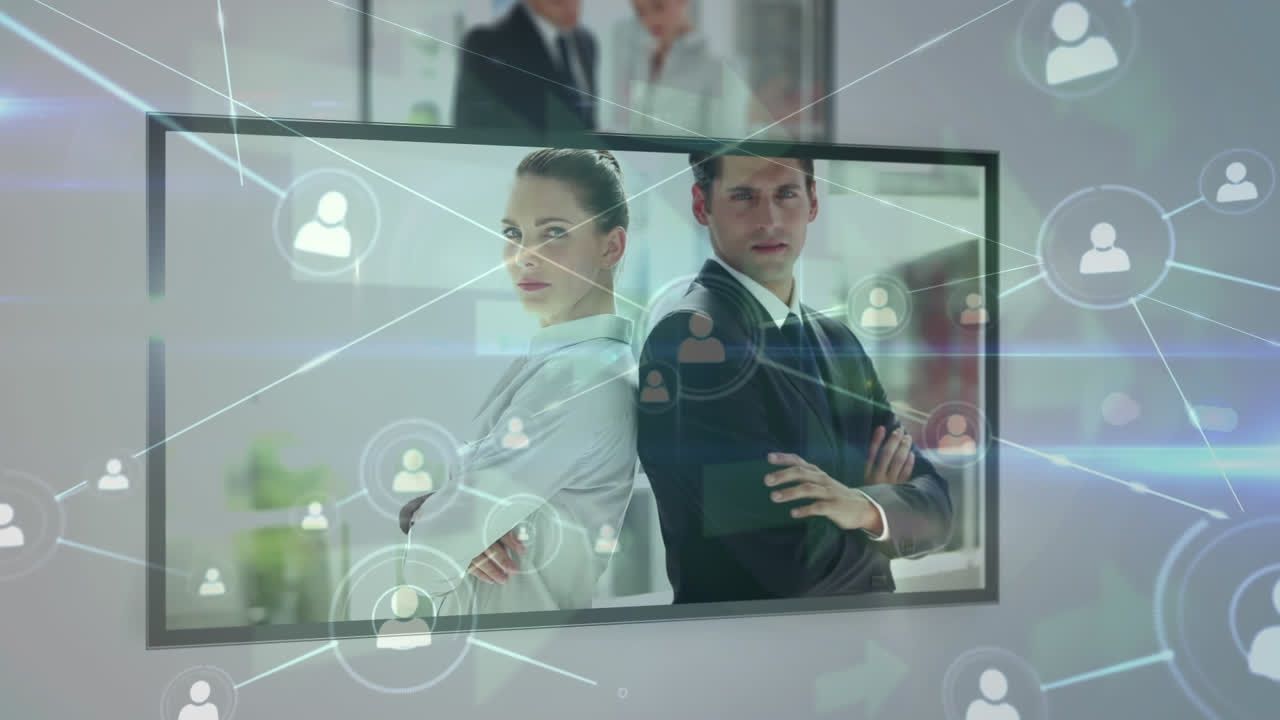 Animazione di icone connesse da linee, diversi professionisti su desktop su sfondo astratto