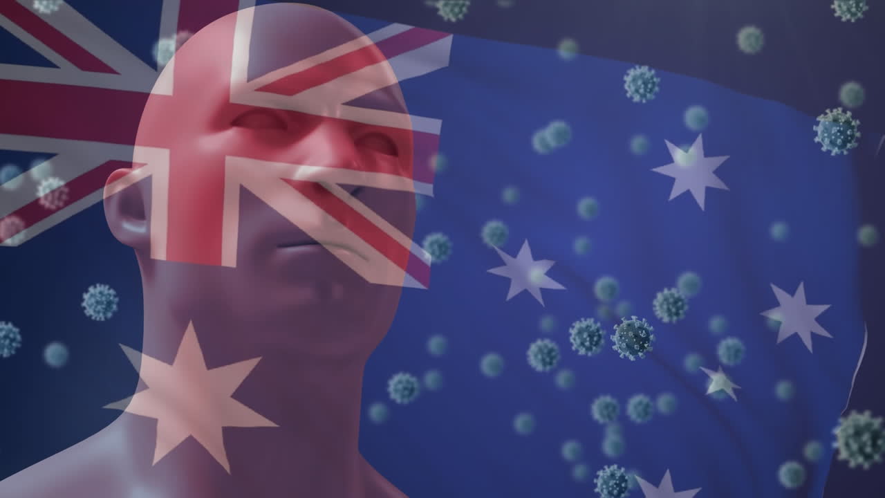 코로나19 세포에 맞서 호주의  ⁇ 발을 흔들고 얼굴 마스크를 착용한 인간 머리 모델