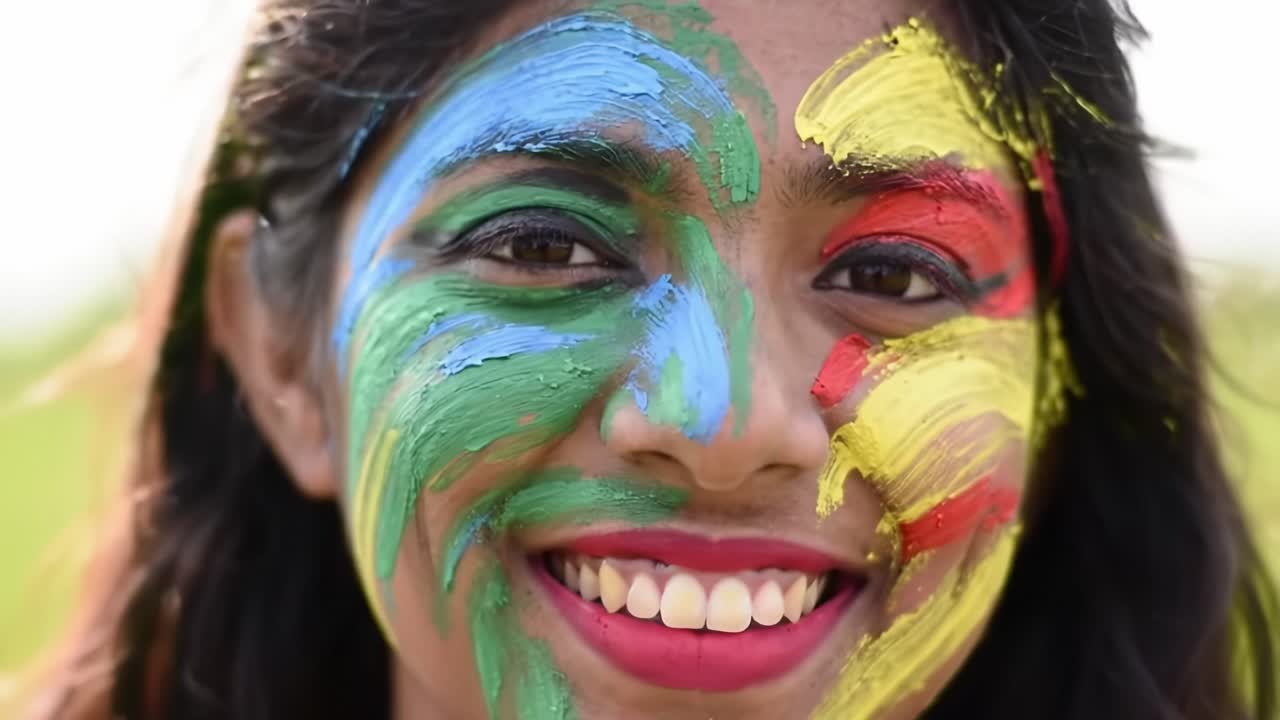 A young girl enjoys a festive moment with vibrant face paint in various colors. She smiles brightly while surrounded by a cheerful outdoor atmosphere, representing joy and celebration.