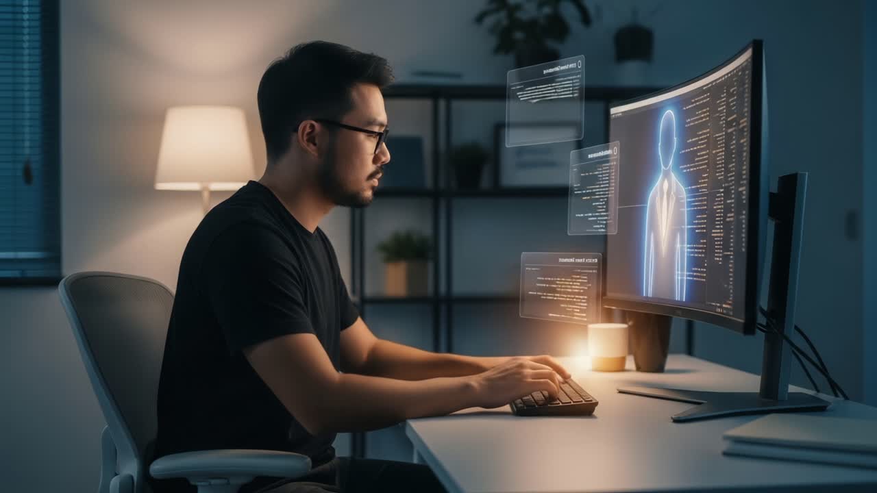 Focused Programmer Engaged in Advanced Coding Techniques While Analyzing Virtual Data Representations on a Dual Monitor Setup in a Dimly Lit Room