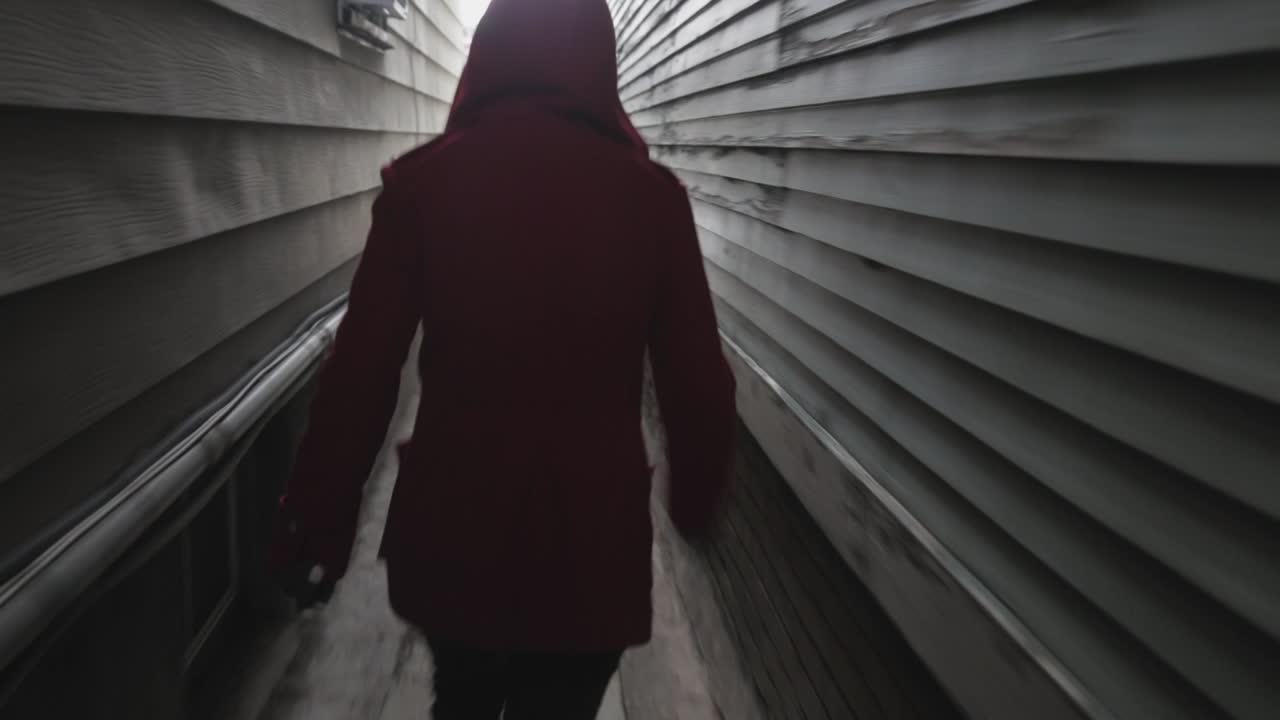 분홍색 보닛과 빨간 재킷을 입은 젊은 여성이 좁은 골목에서 누군가로부터 도망치고 있습니다.