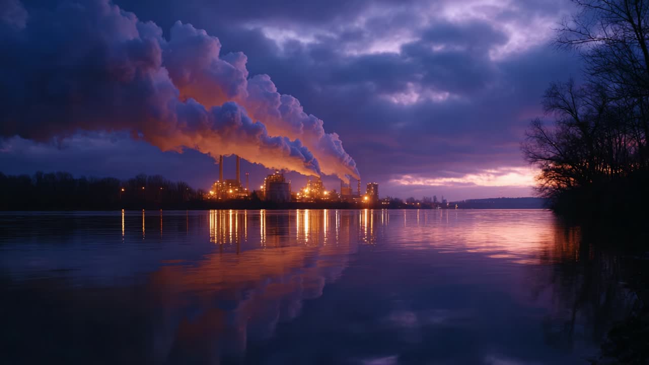A Dramatic Contrast of Industrial Power and Natural Beauty at Dusk: The Emission of Smoke from a Power Plant Reflected on the Calm Waters Under a Colorful Sky at Twilight Enhances the Scene's Impact
