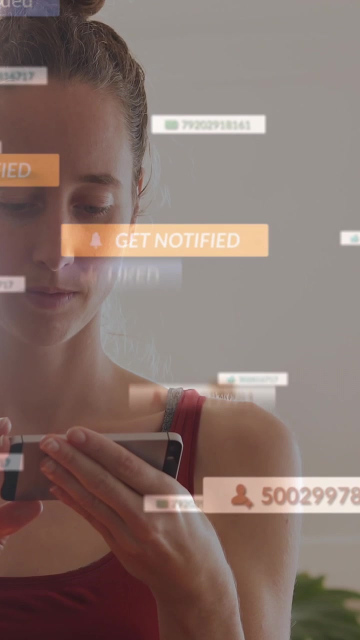 Animation of media icons over caucasian woman using smartphone