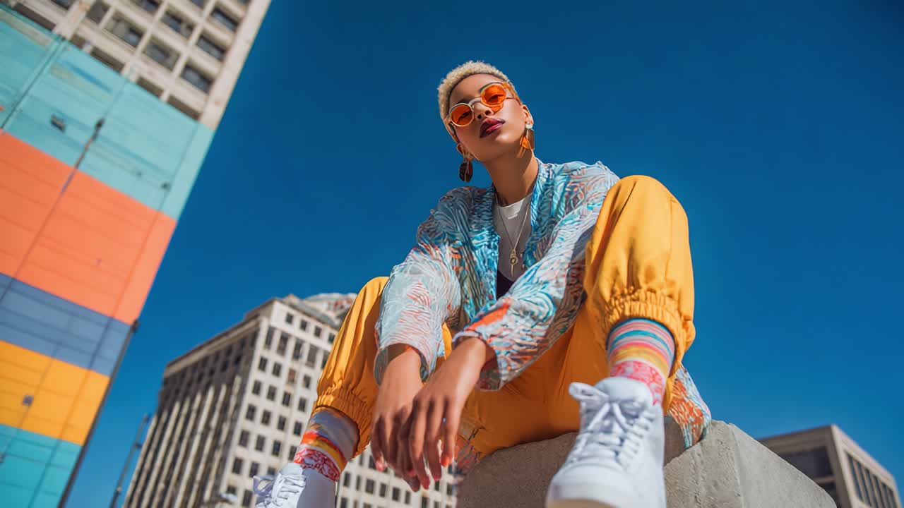 A Stylish Individual in Vibrant Attire Joyfully Seated Against a Colorful Urban Backdrop, Showcasing a Fusion of Fashion and Urban Culture Under Brilliant Blue Skies