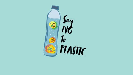 animation of anti plastic text and fish in bottle on blue background