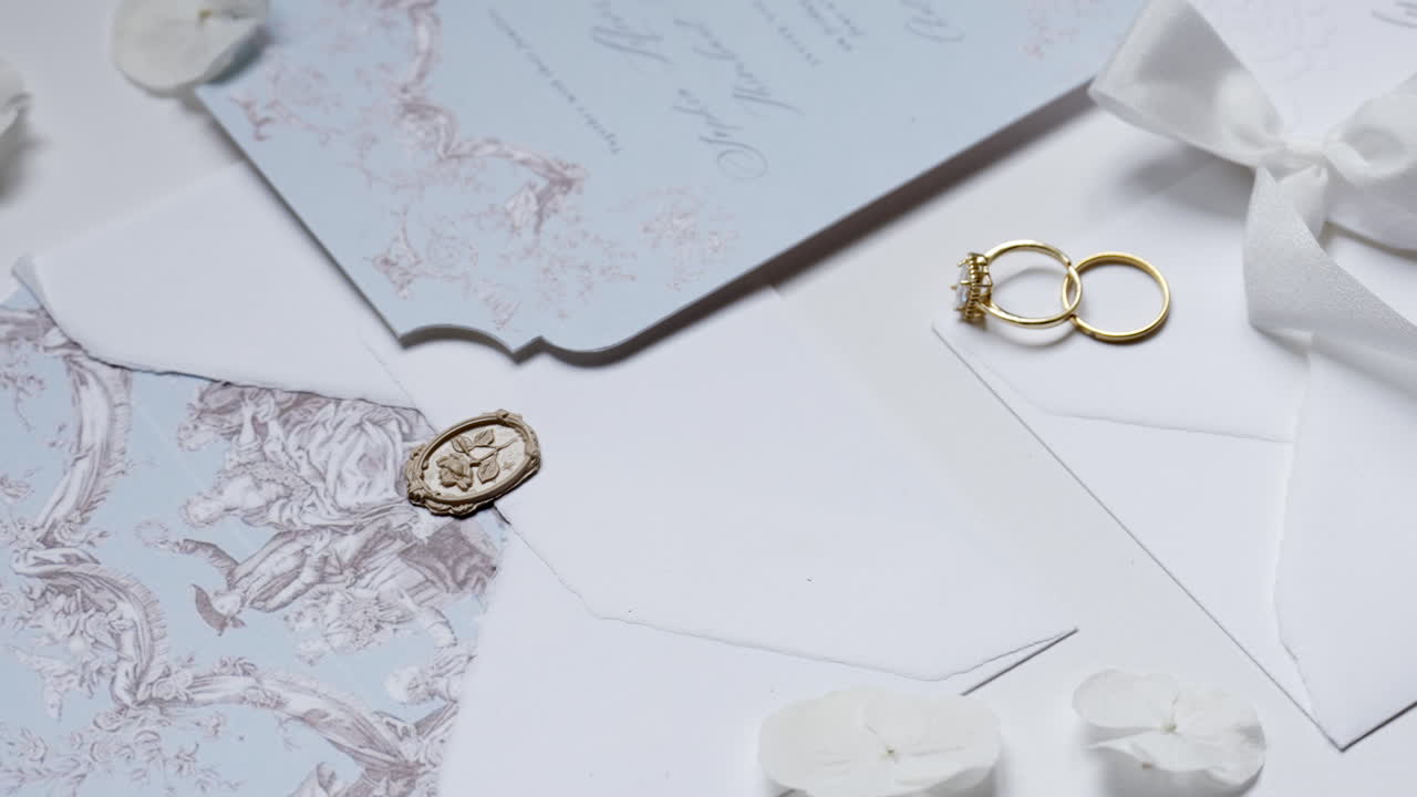 Elegant Wedding Invitation Suite with Gold Rings and Wax Seal