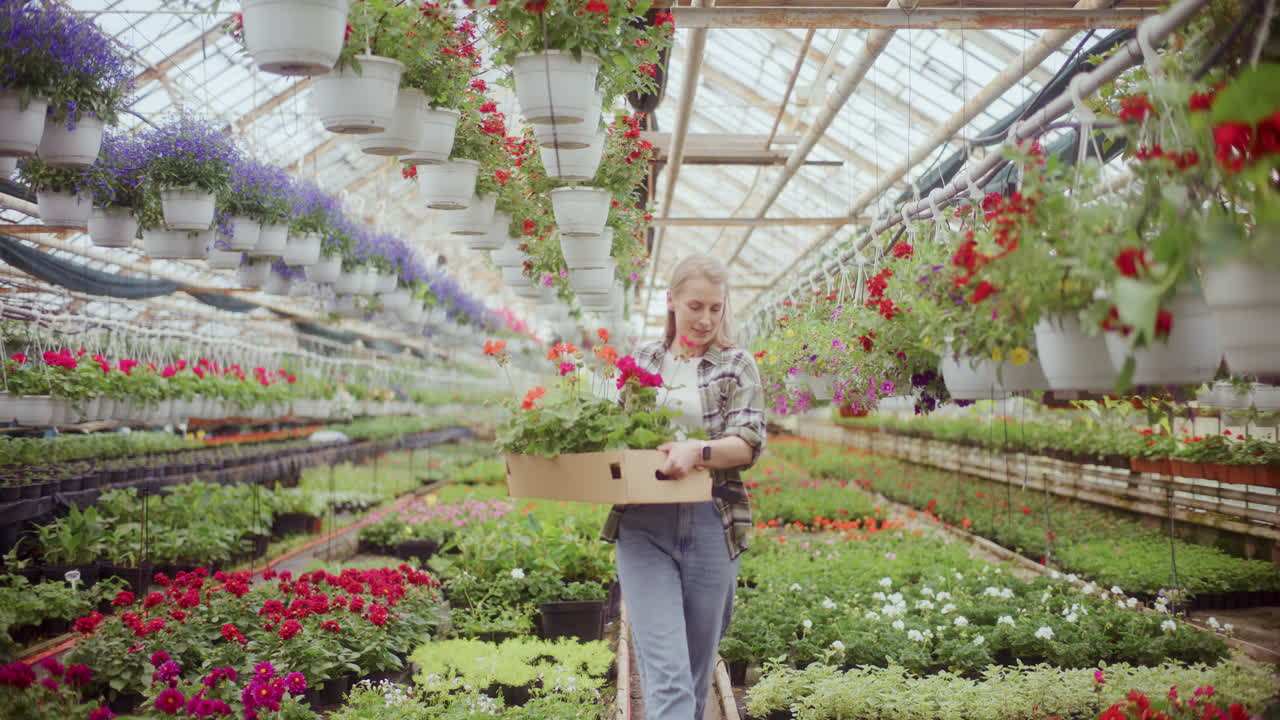 agricultor con varias plantas florales en el invernadero