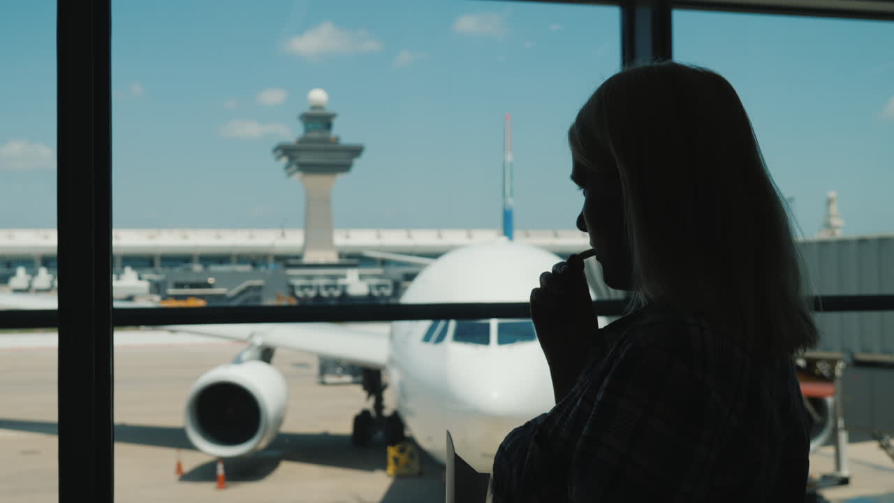 비행기를 기다리는 동안 공항 터미널 창가에서 간식을 먹고 있는 여성의 실루엣