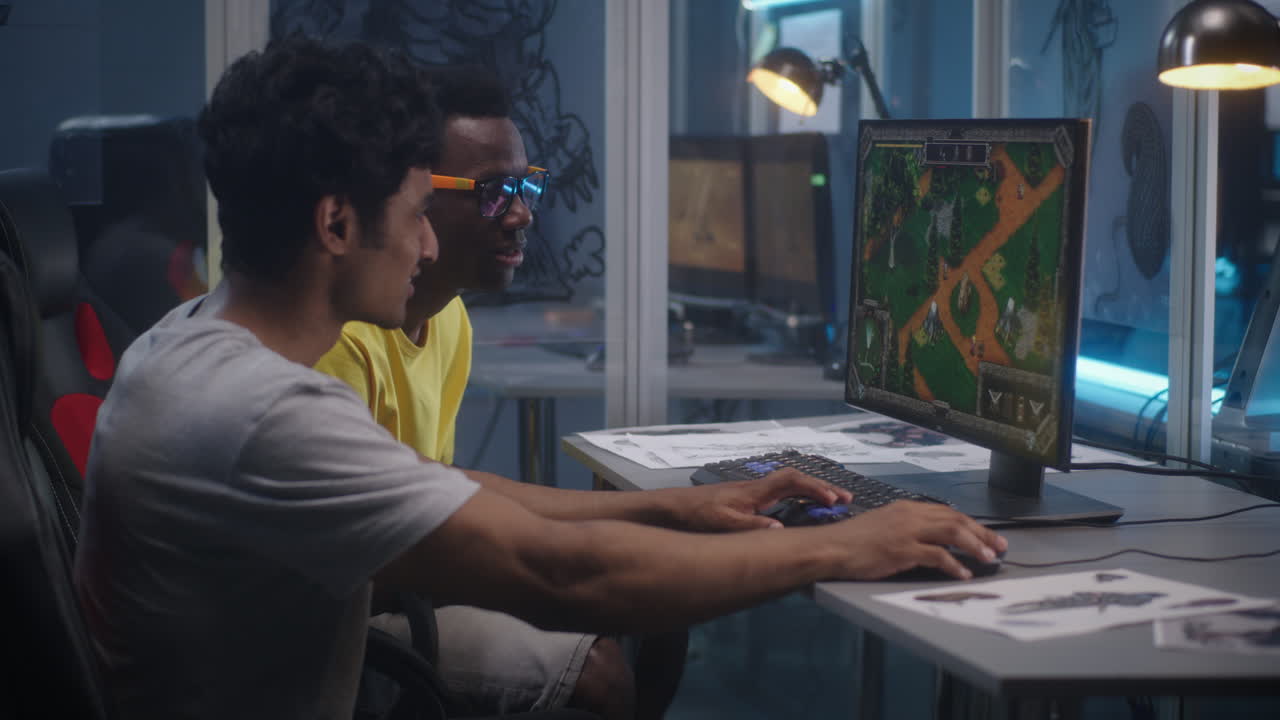 Two Young Men Playing a Strategy Video Game Together