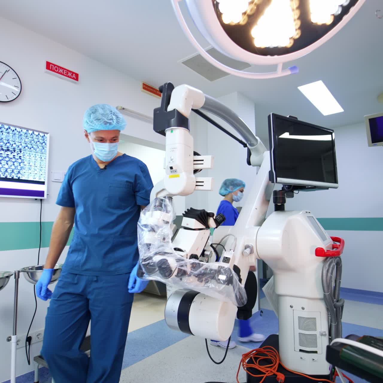 Professional surgery hospital room. New technology operating preparation