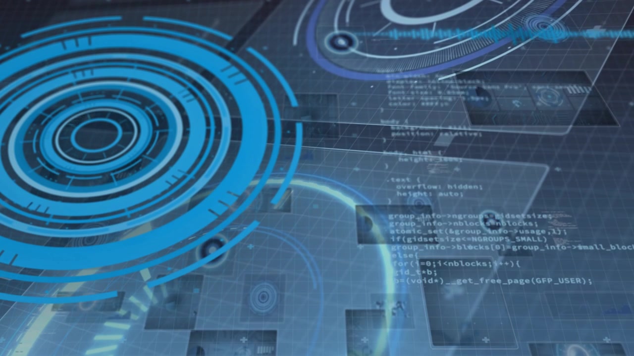 On startup large blue concentric HUD pulsing, rotating, connecting to code panel to show data