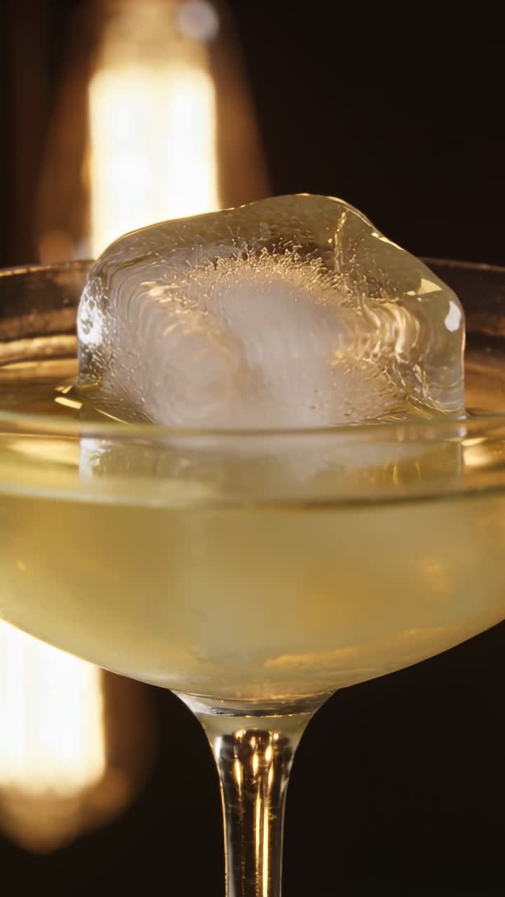 Video verticale: Cubetto di ghiaccio trasparente che si scioglie e si sposta in un bicchiere coupe al bar, cocktail, luce calda.
