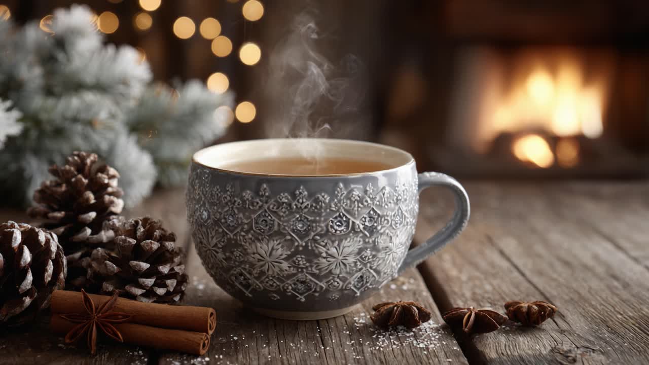 Warm and Cozy Embrace: A Beautifully Crafted Mug of Hot Beverage Steams in a Rustic Setting with Pine Cones, Cinnamon, and Soft Glowing Lights