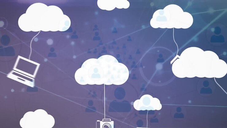 Animation of network of connections over clouds and digital icons