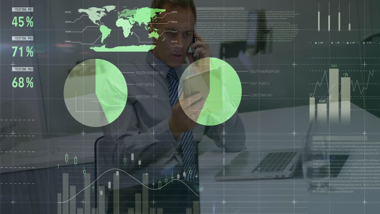 animación de procesamiento de datos estadísticos sobre un empresario caucásico hablando en su teléfono inteligente