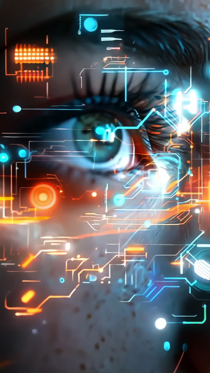 A woman's face is shown in a computer generated image with a blue eye and orange and blue lines