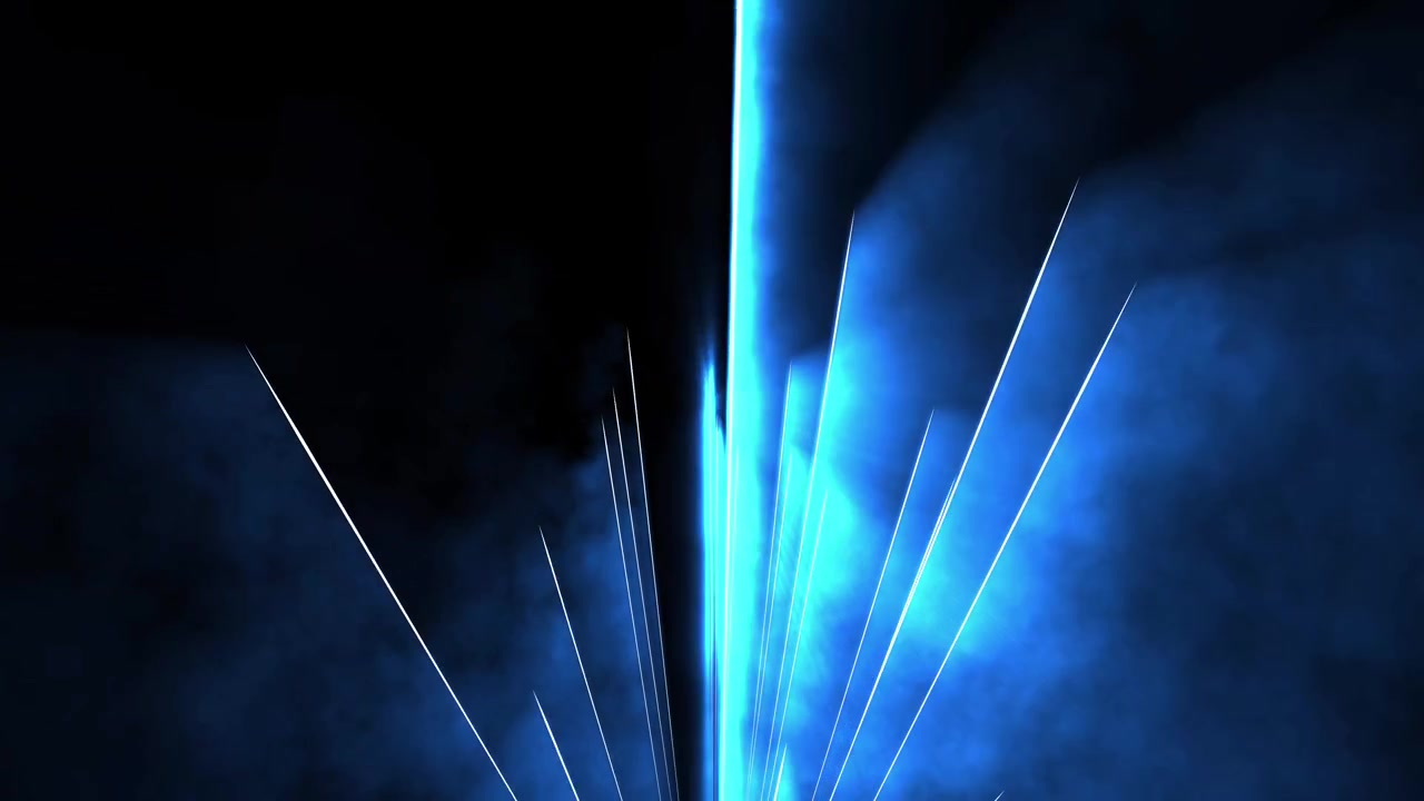 Dynamische blaue Laserstrahlen, die durch Rauch in dunkler Umgebung scannen