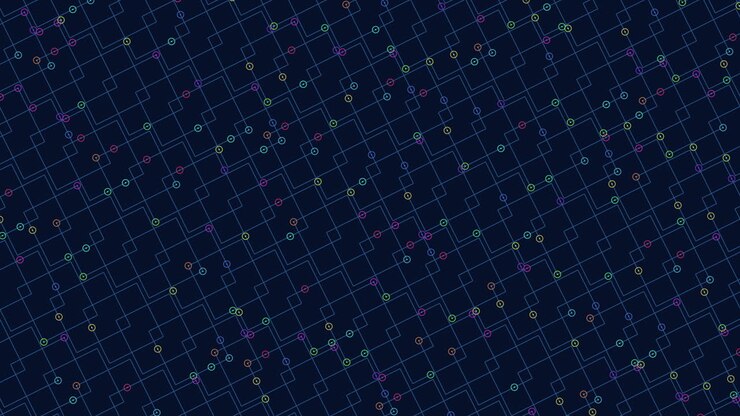 Geometric design colorful grid of dots on dark blue background
