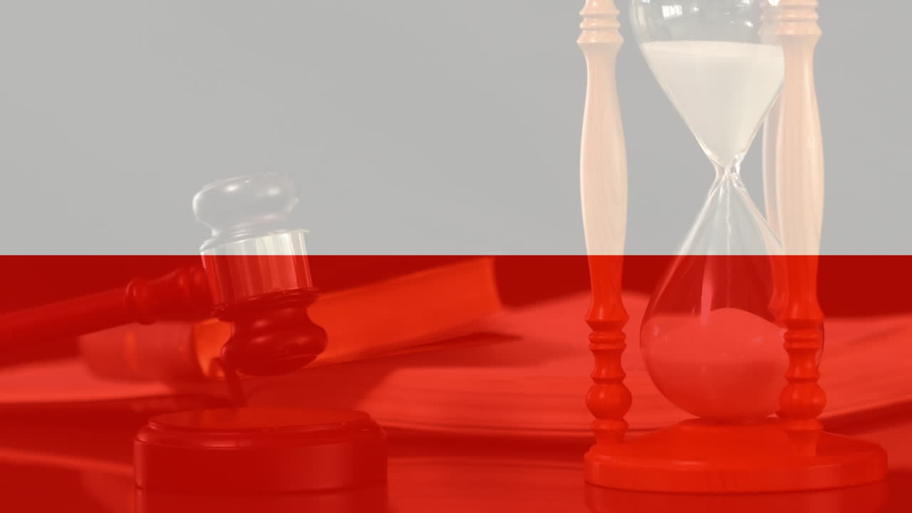 Digitally animation of Poland Flag, hour glass and gavel 4k