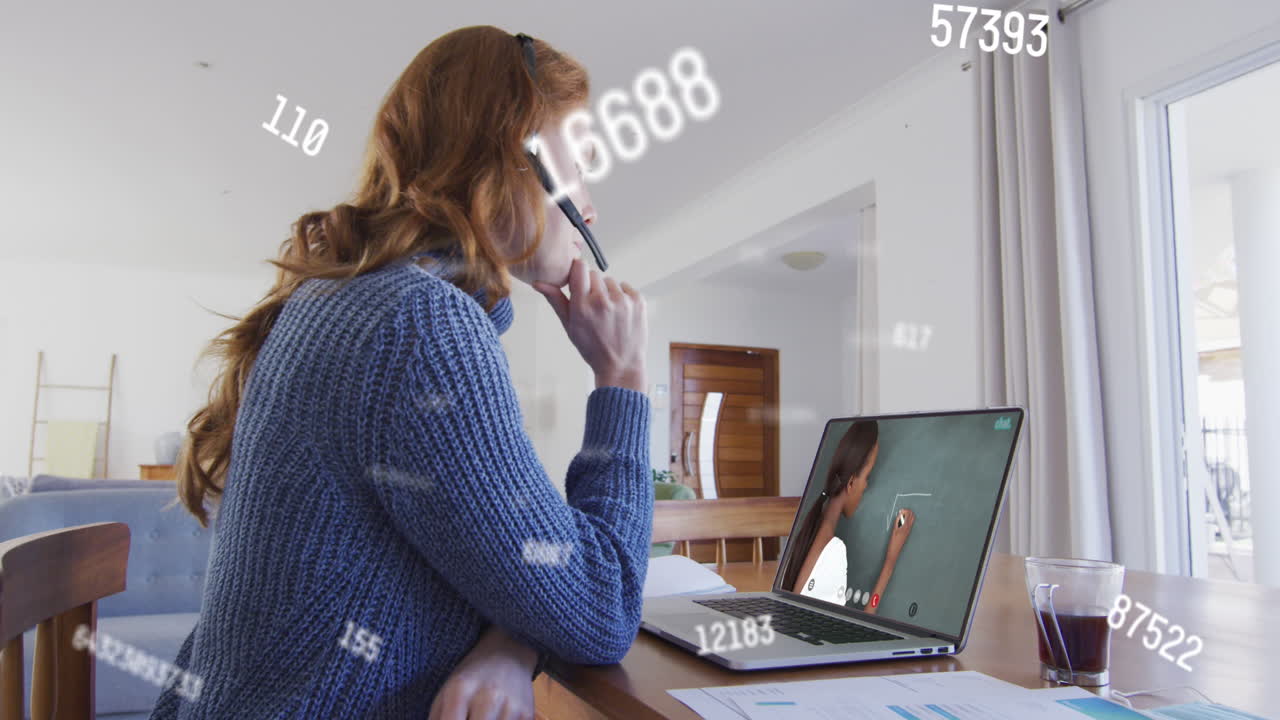 집에서 일하는 백인 여성에 대한 데이터 처리 애니메이션, 비디오 통화