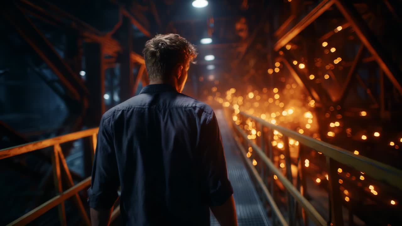 A lone figure walks down a dimly lit industrial corridor, illuminated by the warm glow of sparks, giving a sense of mystery, isolation, and exploration within a bustling factory environment