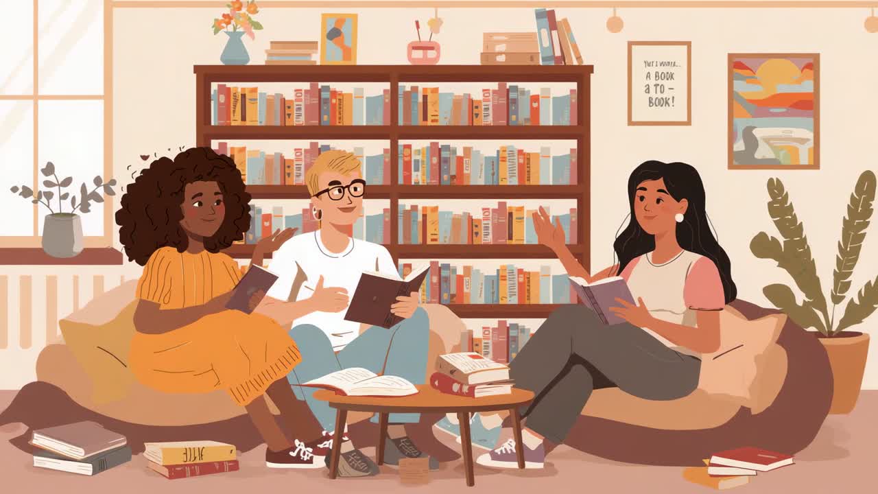 Opening books, three friends on beanbags wearing mustard dress and glasses discussing text at home