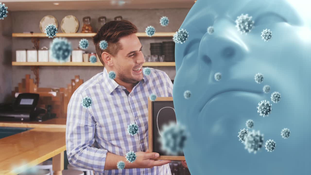 animación de células de virus sobre la silueta humana y el barman caucásico