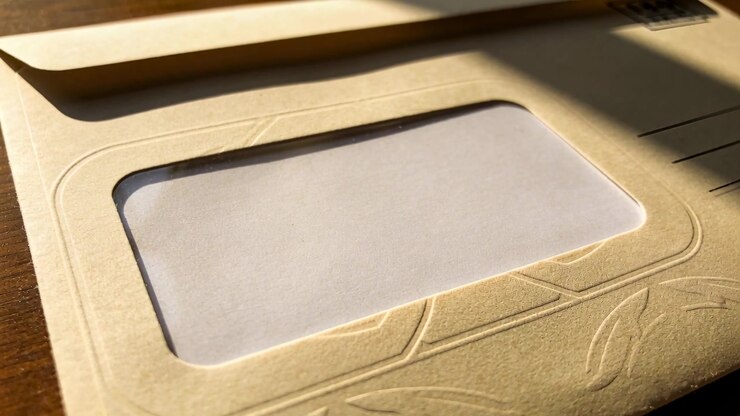 Shifting sunlight sliding across beige window envelope on wooden table, revealing inner white sheet