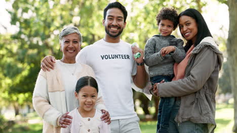 nature, happy and face of a big family in a park