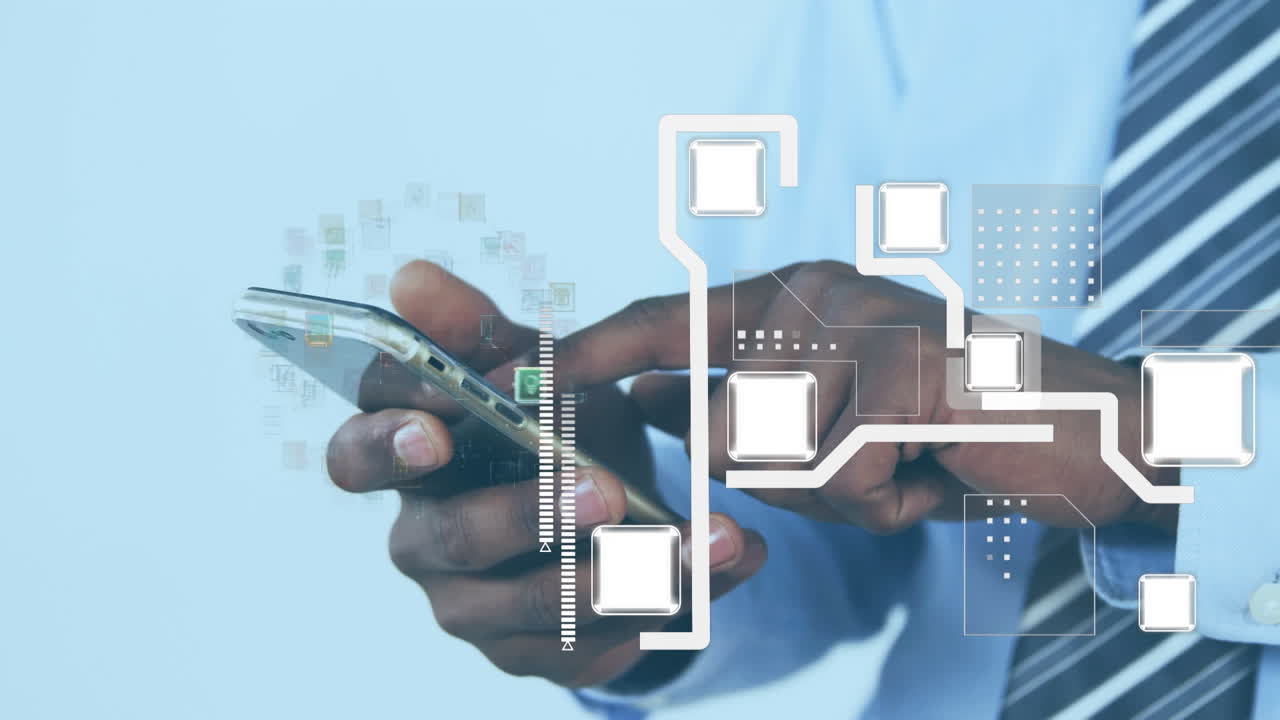 Animation of financial data processing over african american businessman using smartphone