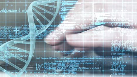 Hände-Tippen-Auf-Der-Tastatur-Mit-Digitalem-Code-Und-DNA