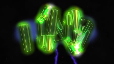 animación de corrientes eléctricas púrpuras brillantes con barras metálicas verdes flotando sobre un fondo negro