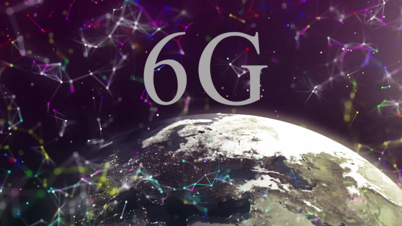 animación de texto de 6g sobre el globo y red de conexiones en fondo púrpura