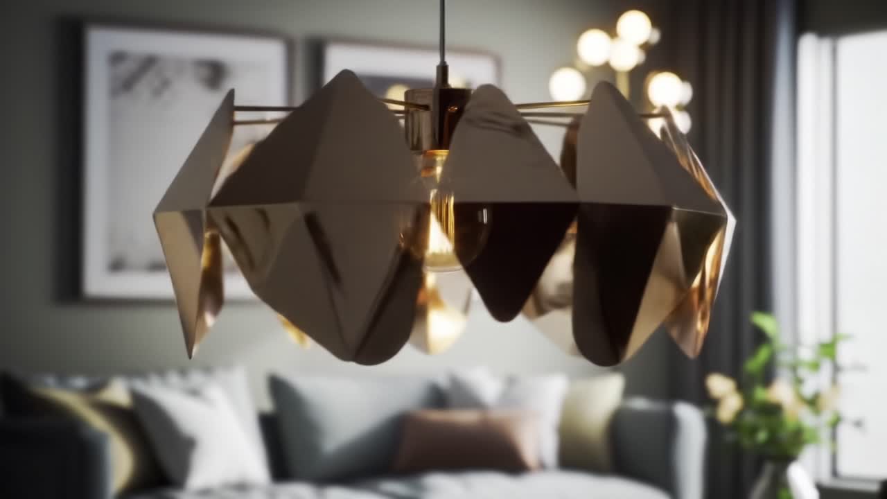 Elegant Geometric Pendant Light Illuminating a Modern Living Room with Soft Textures and Contemporary Decor in a Warm Color Palette