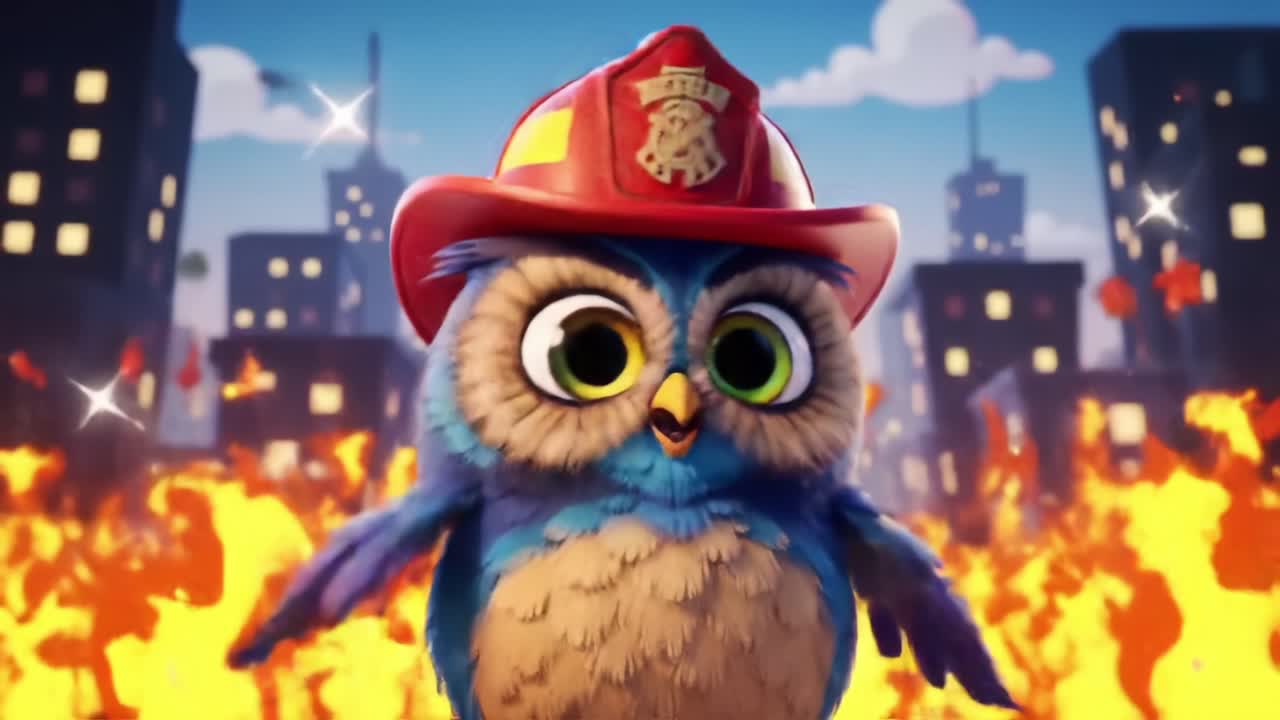Brave and Colorful Animated Owl Firefighter Standing Amidst a Fiery Background, Showcasing Courage and Determination in a Charming Cartoon Style