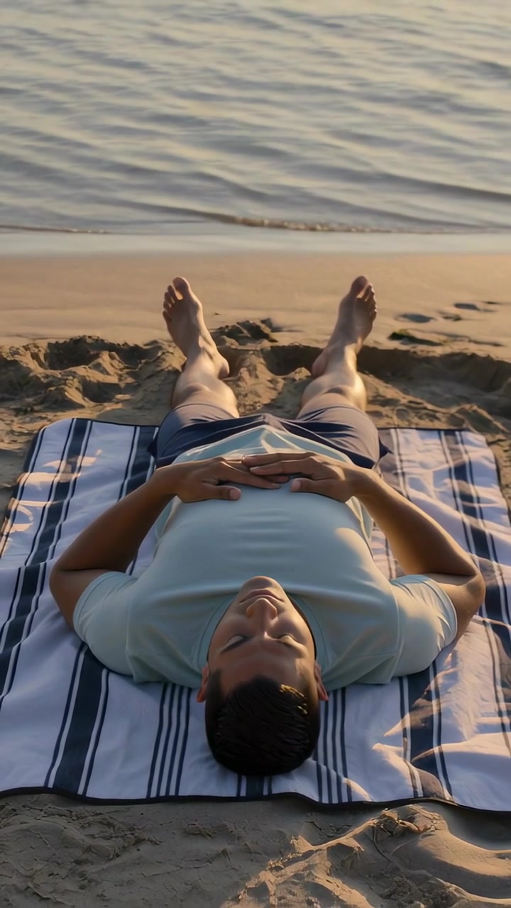 Vertical video: Camera recording man in tee and trunks lying on striped towel at shoreline resting