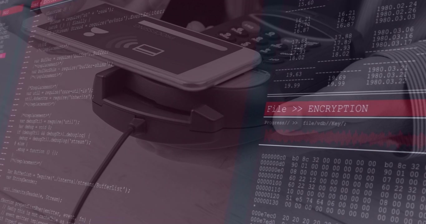 Smartphone tapping terminal and exchanging data, code scrolling, encrypting transaction