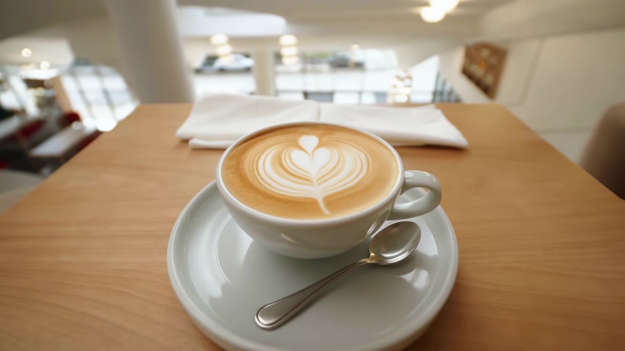 Tazza in ceramica di latte macchiato con un disegno a cuore e foglia sulla schiuma cremosa poggia su un piattino bianco con un cucchiaino vicino a un tavolo di legno chiaro, circondata da toni accoglienti da caffè, luce soffusa e sfocatura, con latte macchiato, caffè, tazza.