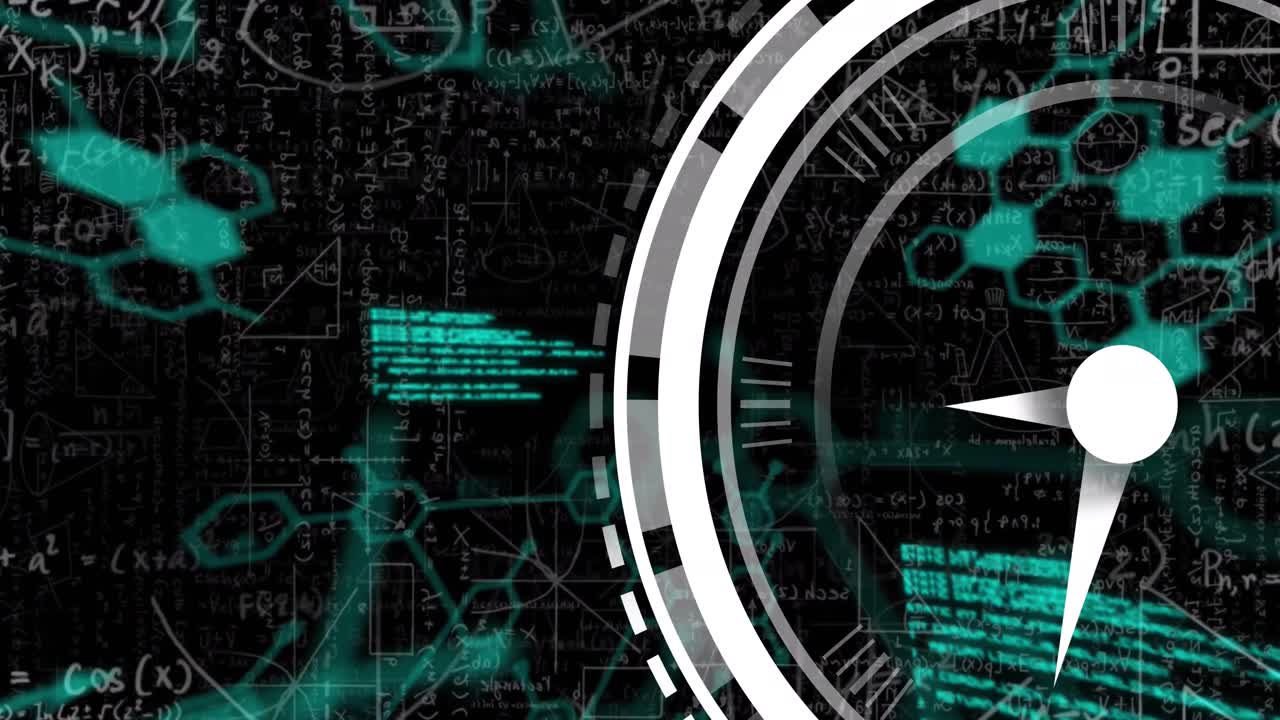 Animation of clock moving over scientific data on black background