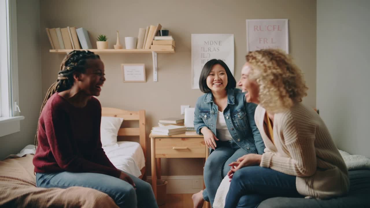 Trio i afslappet tøj griner efter en joke, gestikulerer og falder til ro med smil i et soveværelse nær senge.
