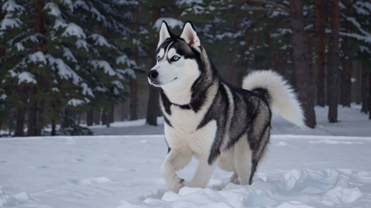 A majestic husky walks through a snowy forest, captured in a side profile video shot