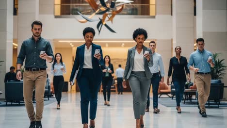 a group of professionals engaged in their mobile devices walking through a modern office lobby with art installations in the background