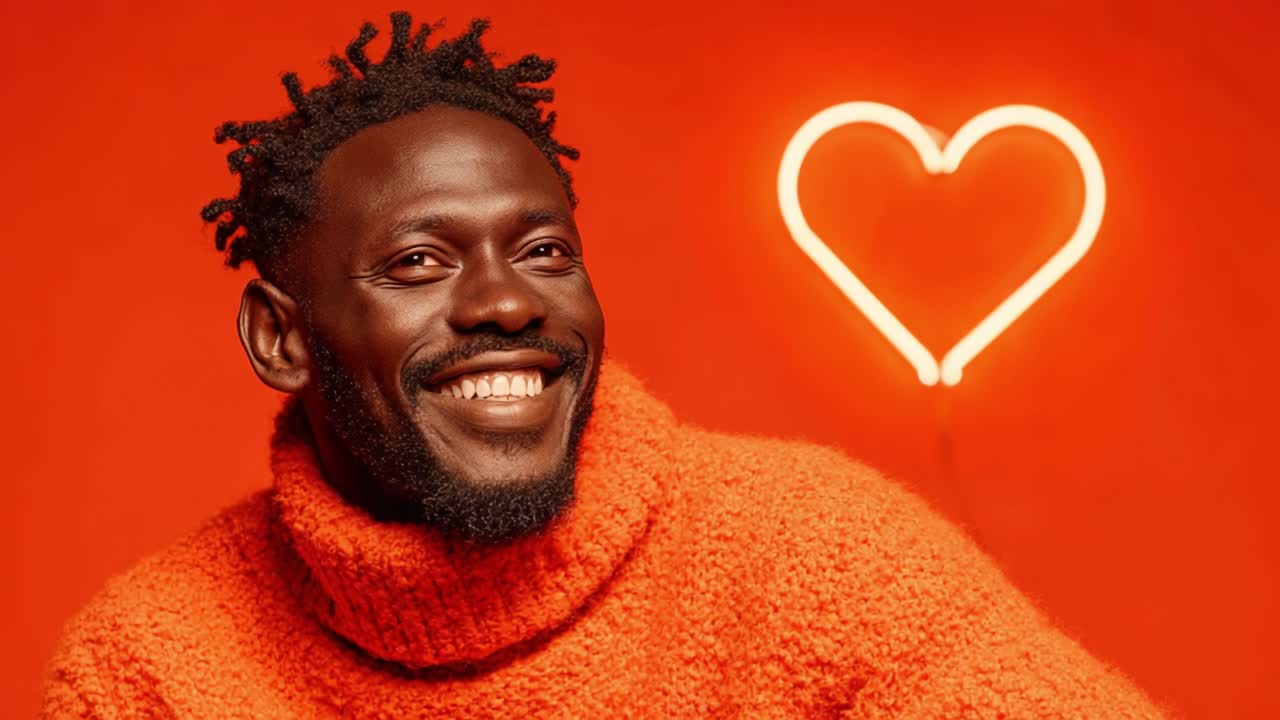 A Joyful Expression Captured in a Vibrant Orange Setting with a Heart-Shaped Light Symbolizing Love and Happiness in the Air