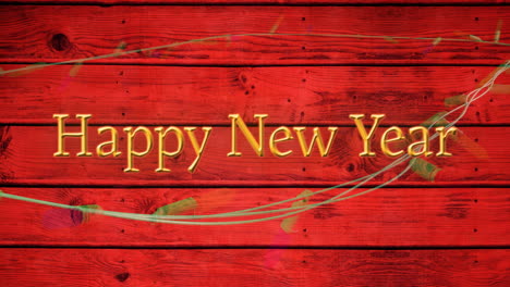 Animation-of-happy-new-year-text-and-fairy-lights-on-wooden-background