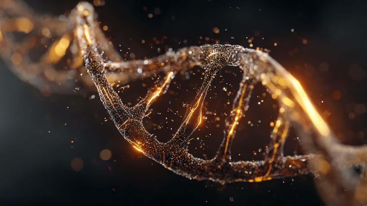 Una straordinaria visualizzazione dell'elica del DNA con particelle luminose, che evidenzia la struttura complessa e le intricatezze dell'informazione genetica in una rappresentazione artistica accattivante.