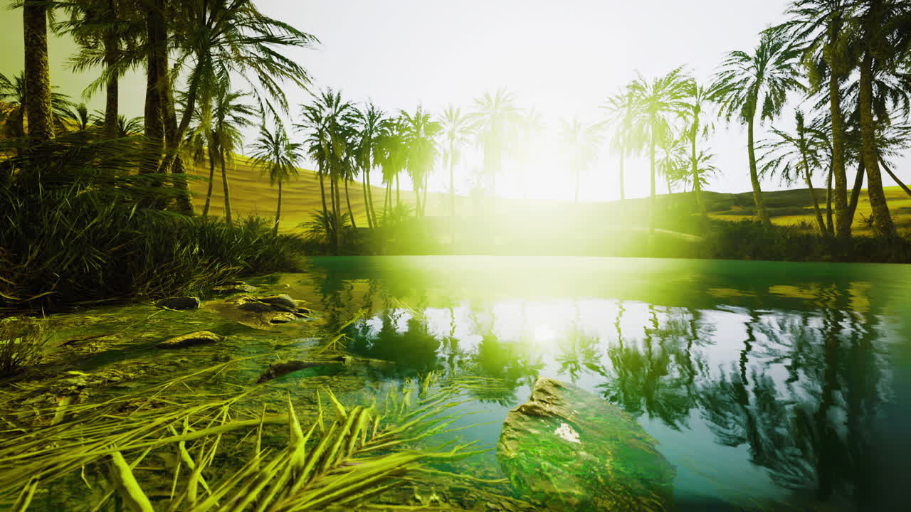 Golden sunlight reflecting on tranquil water amidst lush palm trees