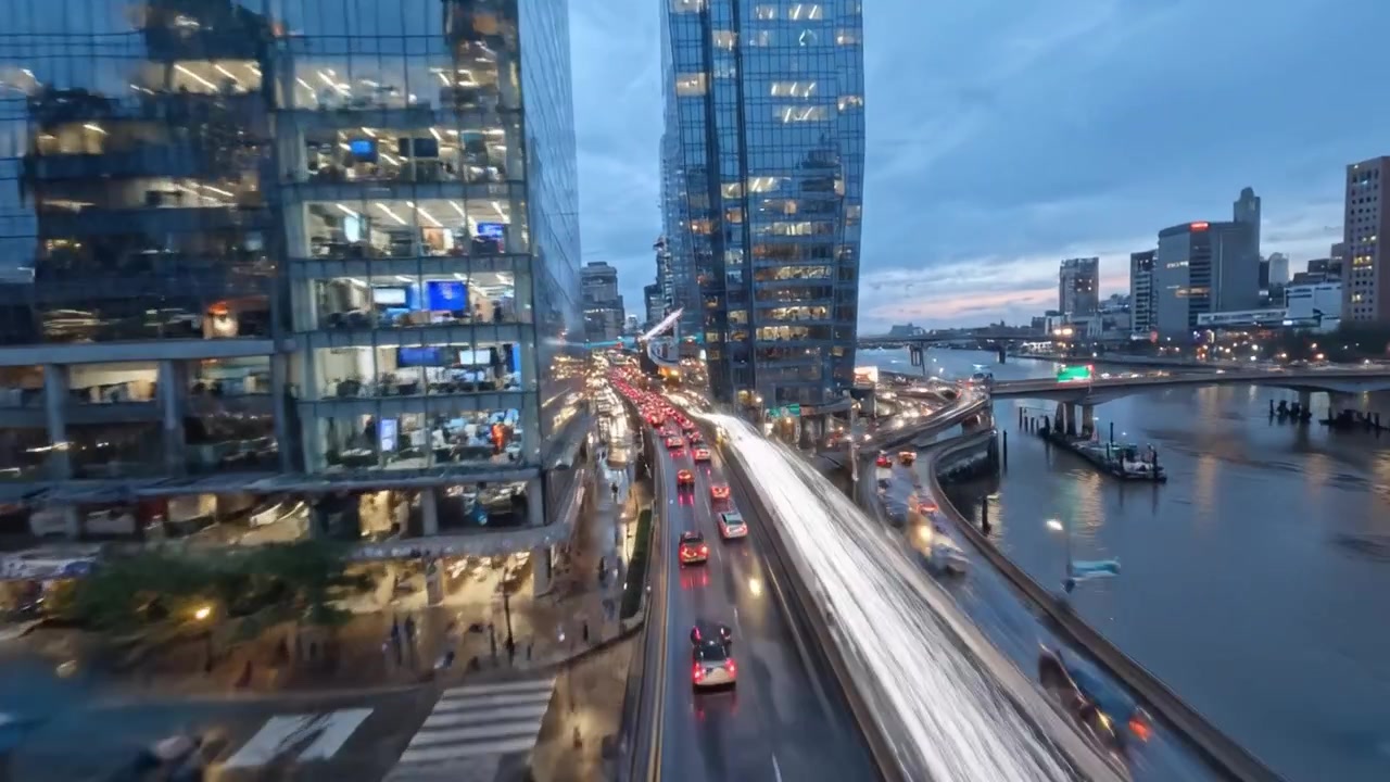 Urban Nightlife in Motion: A Vivid Exploration of Bustling City Streets and Neon Lights Reflected on Wet Surfaces at Dusk, Showcasing Vibrant Energy and Movement